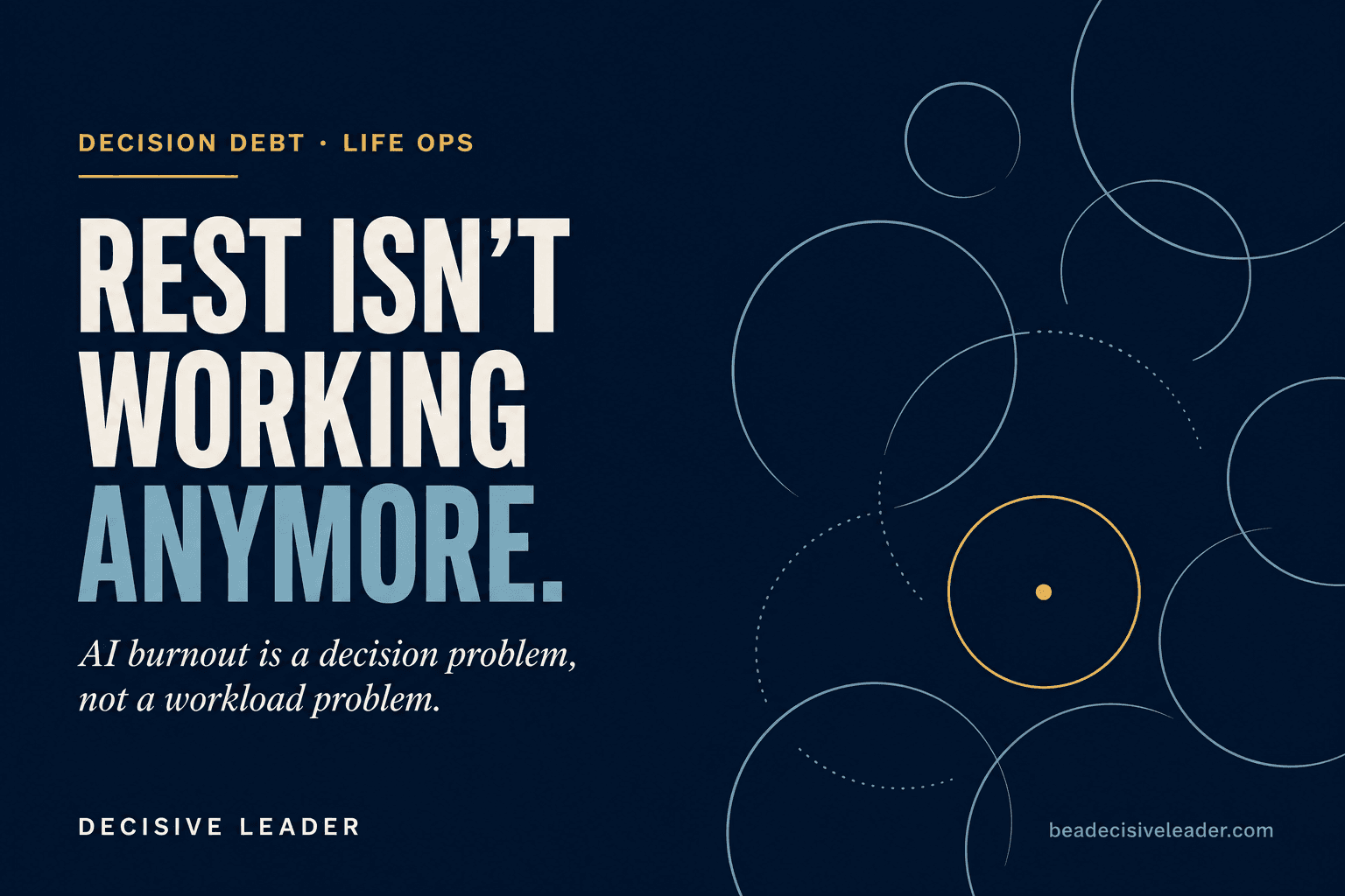 Dark graphic with the headline 'Rest isn't working anymore' beside a field of open, unclosed circles and a single closed gold circle — representing unresolved decisions versus one decision deliberately closed.