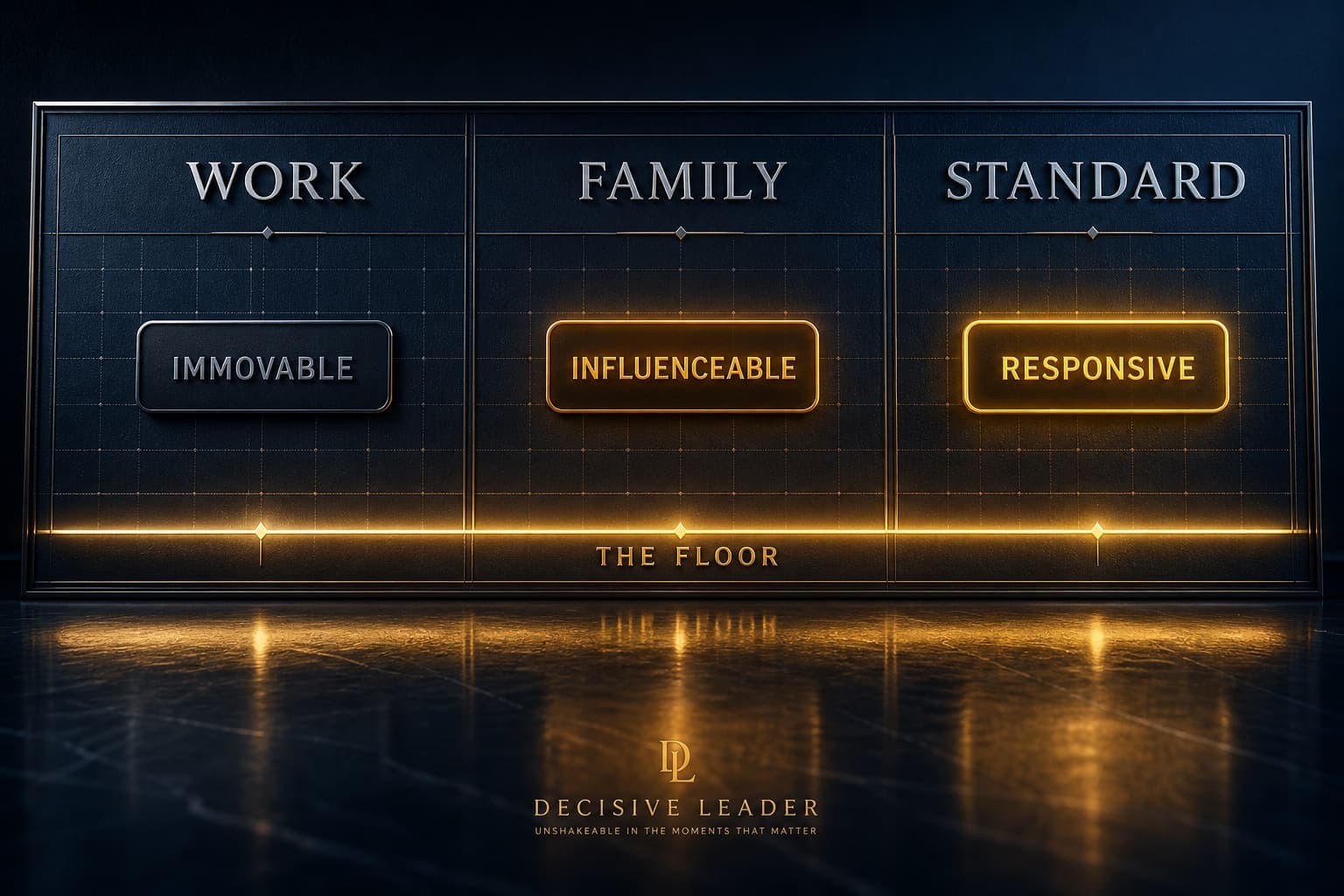 Stability when nothing responds — holding the floor through a haywire week. A high-contrast 3D render of a minimalist operations floor plan on a dark surface: three labeled fronts (work, family, standard) with one column glowing gold labeled RESPONSIVE, one amber labeled INFLUENCEABLE, and one dim labeled IMMOVABLE. A steady horizontal line labeled THE FLOOR runs beneath all three.