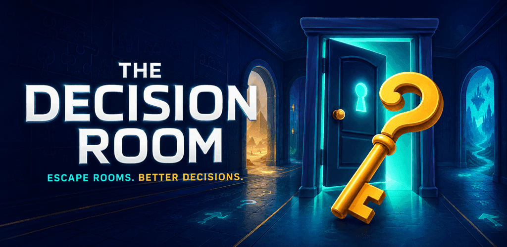 A glowing keyhole door opening into The Decision Room