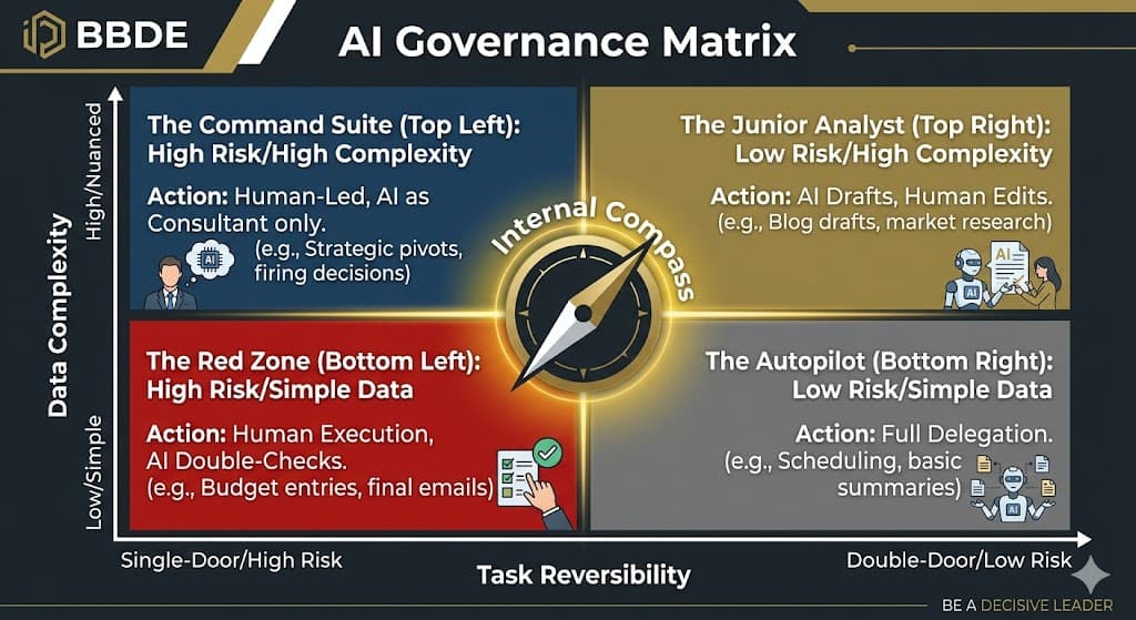 AI Governance Matrix: four quadrants for task reversibility versus data complexity—command suite, junior analyst, red zone, and autopilot—with examples in the image.