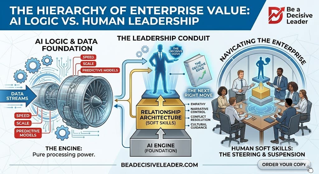 Infographic: hierarchy of enterprise value contrasting AI logic and processing with human leadership, soft skills, and the decisive move. Full text is in the image.