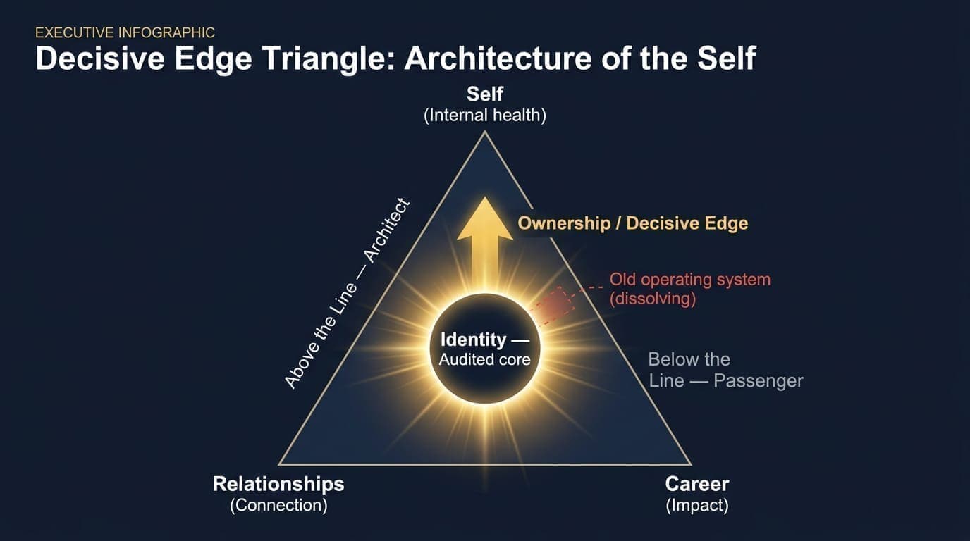 Decisive Edge Triangle infographic: Self, Relationships, and Career as three pillars around a central Identity core, with Above the Line Architect vs Below the Line Passenger and a dissolving old operating system in the core.