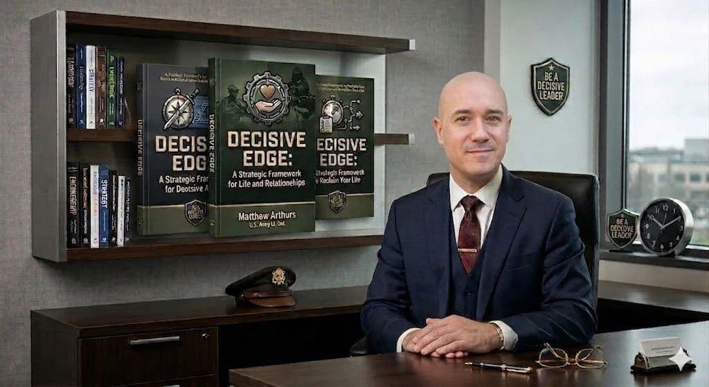Matthew Arthurs, U.S. Army LTC and Enterprise Transformation Expert, sitting at his desk with the Decisive Edge book trilogy.