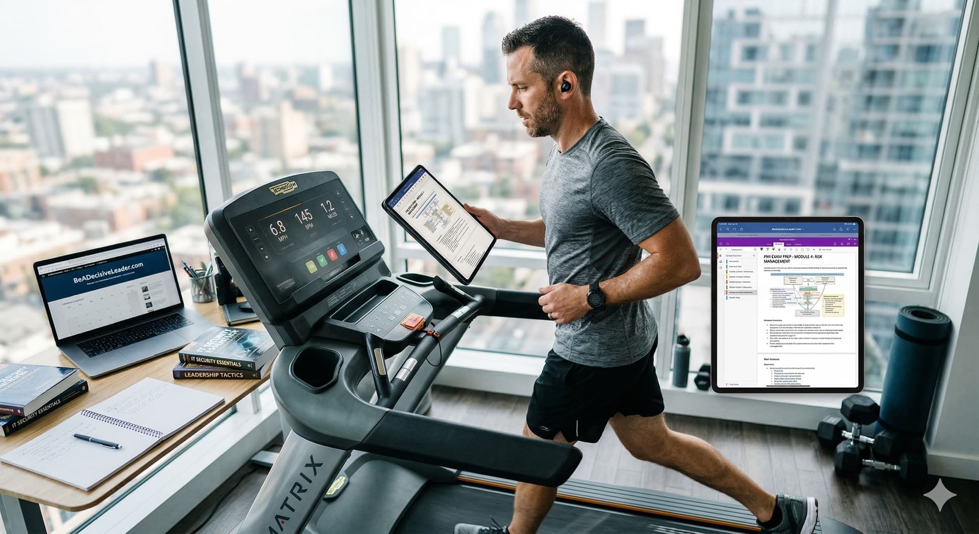 A professional man running on a treadmill while using a tablet and AI tools to study for certifications, illustrating productivity at BeADecisiveLeader.com.