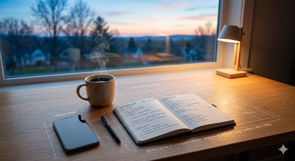 Architectural sunrise over a minimalist morning workspace — Reclaim Your Life efficiency blueprint.