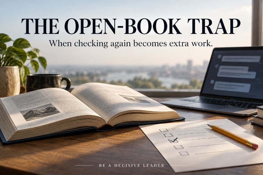 An open reference book beside a laptop and a checked answer sheet, illustrating the extra work of repeatedly checking familiar decisions.