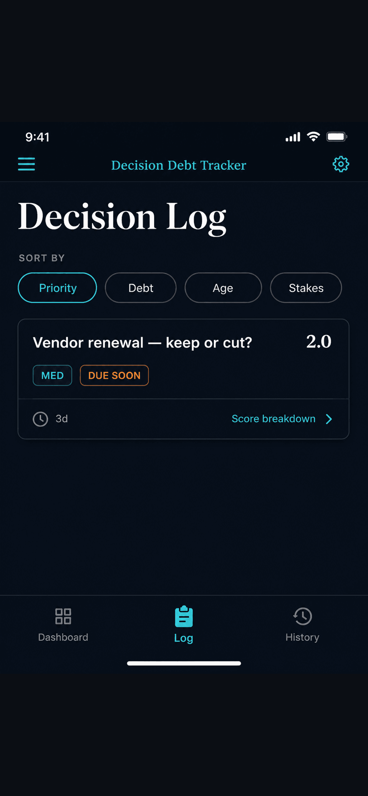 Decision log listing open decisions sorted by priority, with debt score and due-soon flag